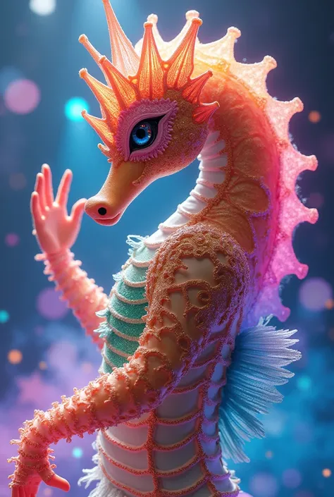 created an image of a person wearing a mascot named "seahorse rainbow girl" on the show The Masked Singer