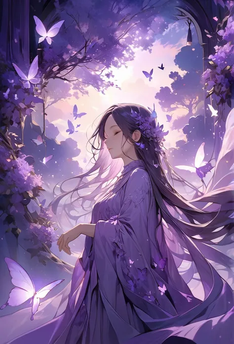 Upper body close-up（((masterpiece), on)"An ethereal illustration titled "The Purple Dreamer". A figure stands gracefully, wearing flowing purple robes, surrounded by a cloud of softly glowing butterflies. The butterflies, in shades of lilac and violet, flu...