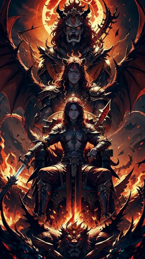 a demonic king with red eyes, wearing a demon mask, sitting on a throne, with a heavenly sword and a demonic sword standing near him, surrounded by a dragon, phoenix, griffin, and lion bowing before him, with a big castle with flames in the background, hig...