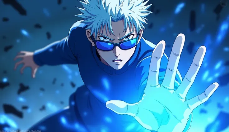 Depicts a scene of Gojo Satoru&#39;s blue battle in Jujutsu Kaisen。 Infinite energy spreads around、His sharp eyes are watching the enemy。 Pale hair floating in the air、As he gazes out through blue sunglasses, the background shows pieces of a blue building ...