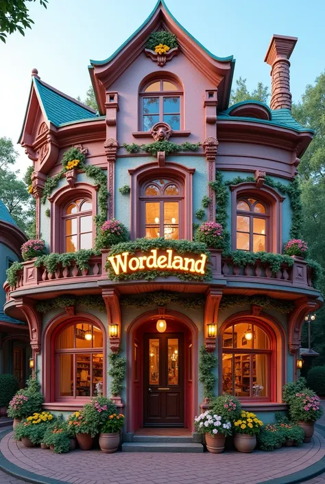 Facade of a medium-sized restaurant  "Wordeland" inspired by Alice in Wonderland on the street with flowers and twinkling lights 