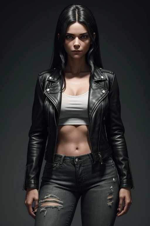 Create a detailed portrait of Likaella Ravenwood, a 2 woman with a mysterious and resilient aura. She has long, dark hair, piercing green eyes, and a slight scar on her left eyebrow. She wears a black leather jacket with subtle, worn details, a simple gray...