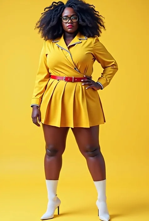 Black girl wearing all yellow school uniform. Busty figure. Tall. White socks. Red belt. Not smiling. Wears glasses