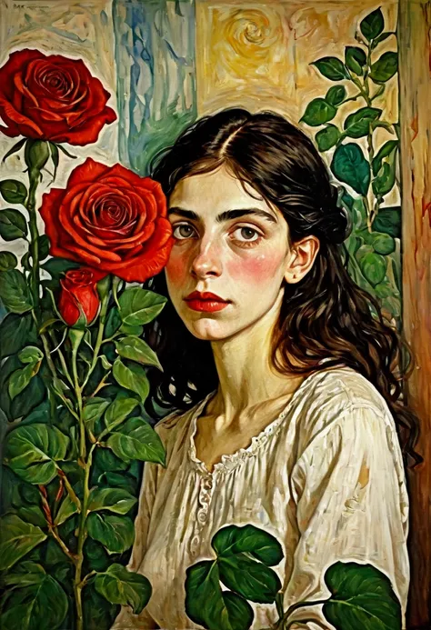 (style of oskar kokoschka:1.2),(abstract expressionism art:1.2),girl,plants,love,rose for eyes,bright color theme,colorful,visua...