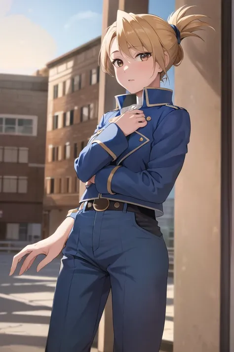 masterpiece, Best Quality, High resolution, One girl, Himliza, Folded ponytail brown eyes, Medium chest, uniform, Blue jacket, Blue trousers, Standing, Cowboy Shot, Outdoor, View your viewers,