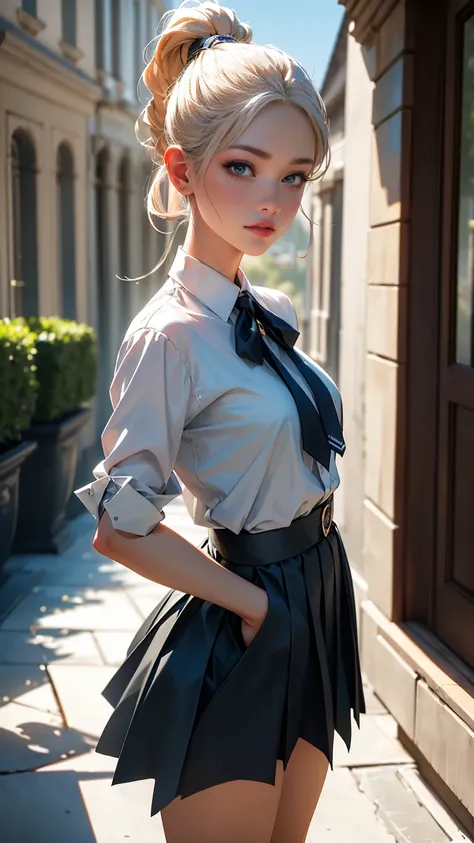 (8k, RAW photo, best quality, masterpiece:1.3), (realistic, photo-realistic:1.37), realistic skin texture, Sophie von Rosenberg, age 17, She is dressed in a short-sleeved blouse, a short pleated skirt, and luxury brand white sneakers, showcasing a refined ...