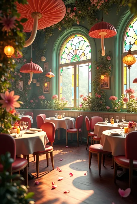  average restaurant  "Wordeland" inspired by Alice in Wonderland with flowers and twinkling lights 