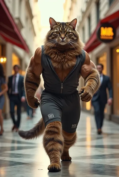 A muscular Maine Coon cat in designer gym wear, flexing its biceps while browsing high-end fashion stores in a luxury shopping district.