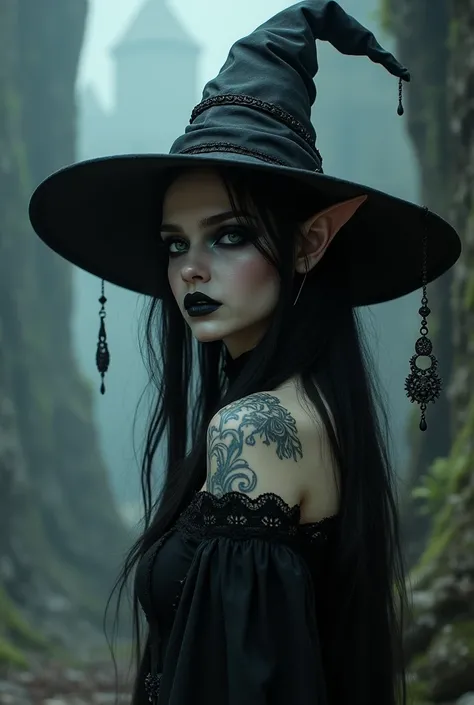 a pale sexy fantasy elven goth wizard girl, beautiful detailed eyes, beautiful detailed lips, extremely detailed face, long eyelashes, running mascara, black lipstick, dark eyeshadow, tattoos, wizard hat with dangling charms, medieval fantasy background, d...