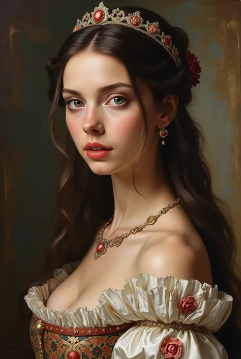 best quality, work of art, oil painting on canvas, (a painting, Medieval full dress with rose embroidery details, the woman has long dark brown hair, violet eyes, she wears a small tiara on her head

