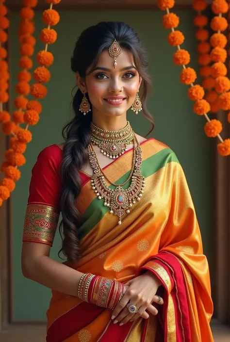 The image features a woman dressed in a beautiful, traditional silk saree with vibrant hues of orange, gold, green, and red. She is adorned with heavy jewelry, including a statement necklace, earrings, and bangles, which complement her outfit. The backgrou...