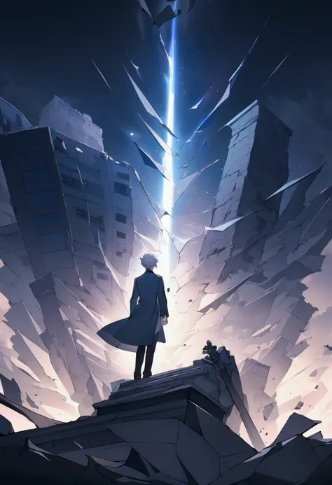 Depicts a scene of Gojo Satoru&#39;s blue battle in Jujutsu Kaisen。 Infinite energy spreads around、His sharp eyes are watching the enemy。 Pale hair floating in the air、As he gazes out through blue sunglasses, the background shows pieces of a blue building ...