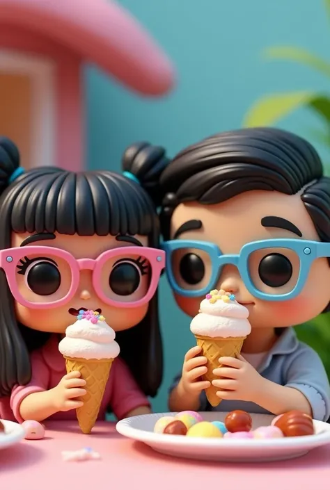 Design a Funko pop style teenage girl with two buns on each side with straight black hair wearing pink glasses eating an ice cream cone with toppings accompanied by a teenage boy a little taller than her in a Funko pop style with black hair combed to one s...