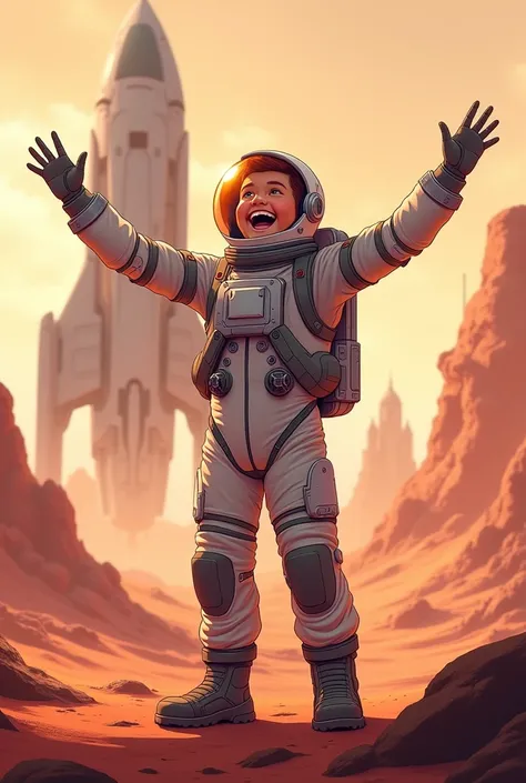 HAPPY AND JOYFUL astronaut man without helmet next to a spaceship on MARS anime version