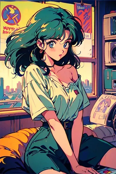 (80s, Retro City Pop Poster:1.5), (Album cover), (masterpiece, Best Quality), (anime, figure), (Pastel colors:1.4), 
Best photo poses, Dynamic Angle, Studying in the room,Dark green hair, Side cut, Alone, A perfect eye for detail, Delicate face, High Fashi...