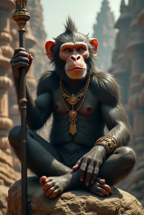 a close up of a monkey with a staff sitting on a rock, narasimha, god shiva the destroyer, lord hanuman!! head building, , indian god, ancient blacksmith god, cyborg hindu godbody, hinduism