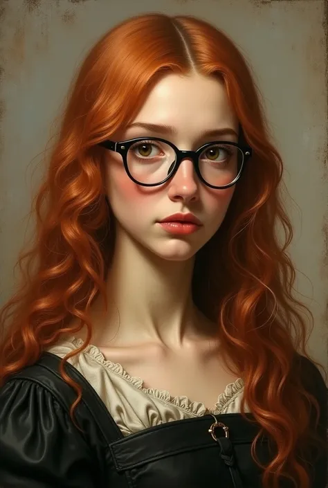 Make me a girl as if she were painted in an oil portrait, like in the Renaissance era.
She should have hair that is between wavy and straight (broken), orange or red, and she should have it loose, as long as it is below the chest. 
A wide nose, with cheeks...