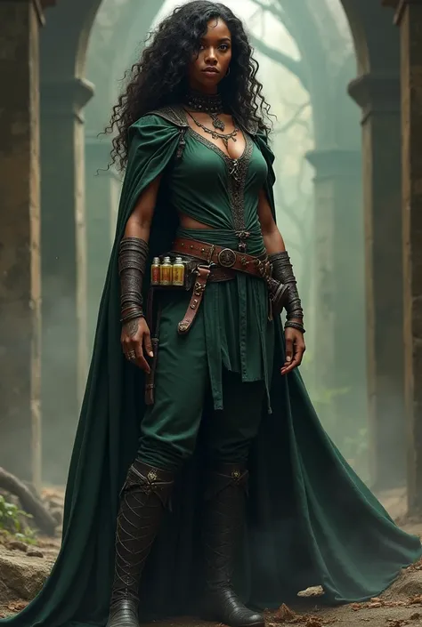 Beautiful black skinned woman with long curly hair, wears a medieval outfit of pants and vest in dark green colors, black and earth tones, wear a cape longer than the dress. Has a tattoo of tribal stripes and fire symbols, the tattoo goes from the right sh...