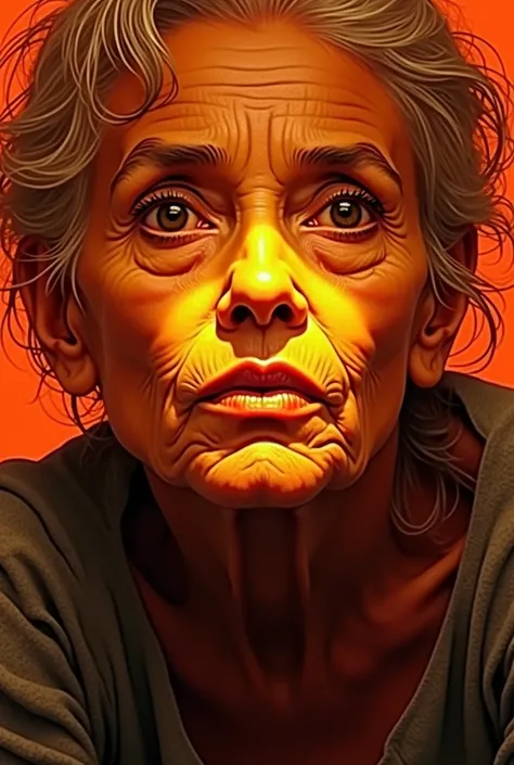 Face of an old woman, illuminated with warm light, front posture, tender look, Almond eyes,hands crossed on chest . Bare shoulders, high resolution, masterpiece, Anatomically correct, horsetail, Lift your chin, Half closed eyes, turquoise background
