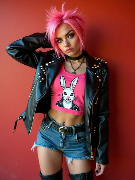 Best image quality,(Highest quality:1.1),(Very detailed:1.1), Cowboy Shot, (One Woman, Women in punk fashion, Pink spiky hair, Other shaving, Sharp Eye, Sparkling Blue Eyes, Glaring expression), (A black leather jacket with lots of studs, Short pink tank t...