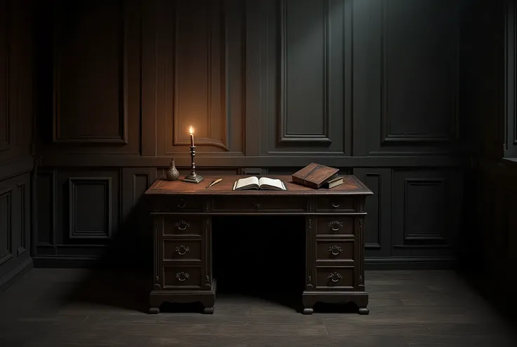 An antique-style room with no lights on. A study desk. 