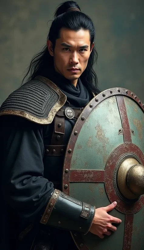 Portrait of a 3 man with black hair, Asian features and a medieval shield in his hand
