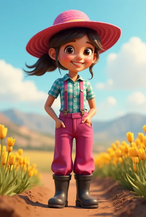 Create an animated farmer with fuchsia pants, fuchsia hat, Blue and white checked blouse and black boots. In a big background
