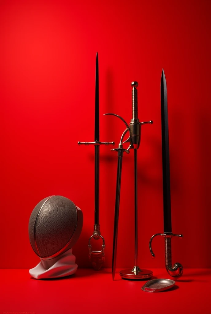 Chat, create a photo of fencing equipment on red background 