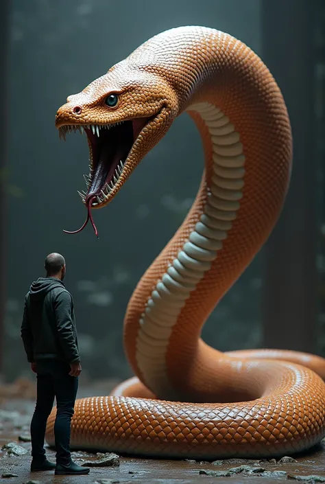 (photorealism:1.2), menacing, 590ft tall diamond back boa snake, orange backside, brown coloring for diamond pattern, white underbelly, attack pose, protruding fangs, 10ft tall man in background 