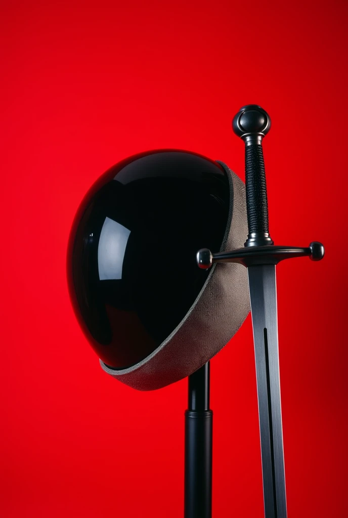 Chat, create a photo of helmet next to fencing sword on red background 