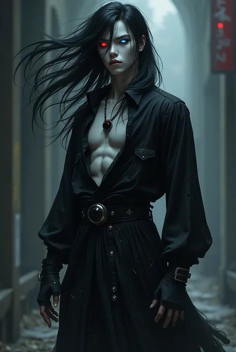 Gray-skinned man with blue and red eyes, long black hair, wearing black clothes, black shoes, and a black gem on his chest, standing with torn anime-style clothes

