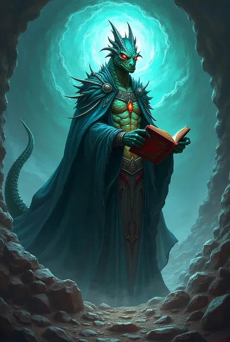 A topaz dragonborn set in topaz stones, Blood red eyes, An evil look, necromancer clothes, holding a grimoire of black magic 