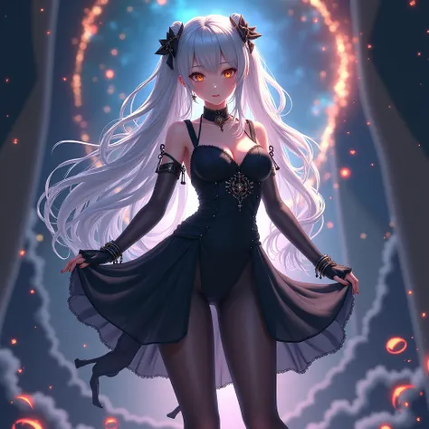 One girl,anime, sexy，Large Breasts, Silver Hair, Very long hair, High-resolution model, high quality, Textured skin, Golden Eyes, High heels，Black Chinese Dress，Black Pantyhose，Black gloves，Translucent veil，Semi-transparent skirt，Fantastic space，Standing，F...