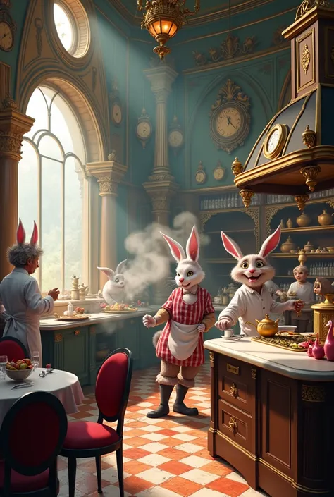 Elegant restaurant kitchen inspired by Alice in Wonderland