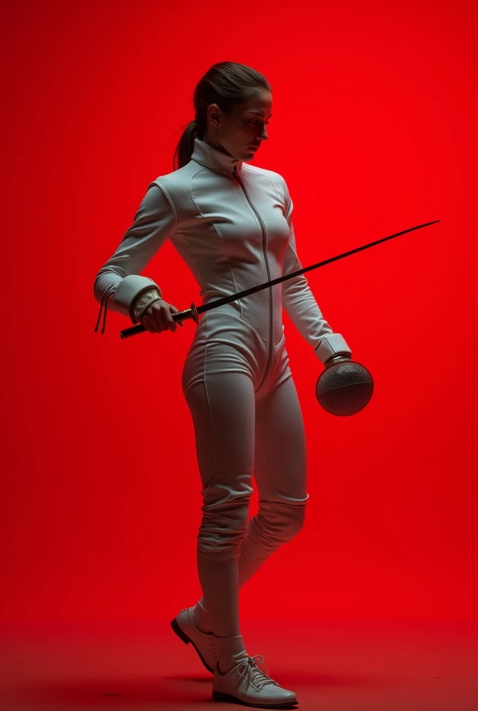 Chat, create a photo of a fighter with a fencing sword on a red background 