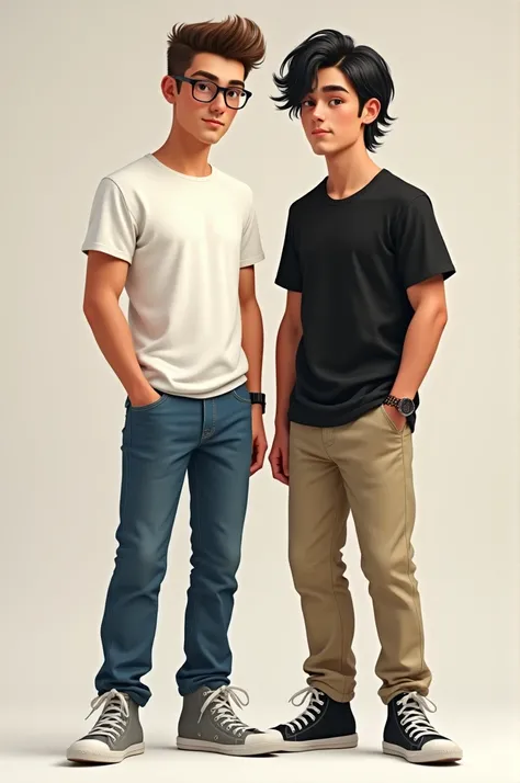 2 tall, thin, fair-skinned twin brothers. The first one has short brown hair in a pompadour., have prescription glasses, Jeans, white t-shirt, wristwatch e tênis cinza. And the second one has the same height, in a loose black t-shirt, beige pants, bracelet...