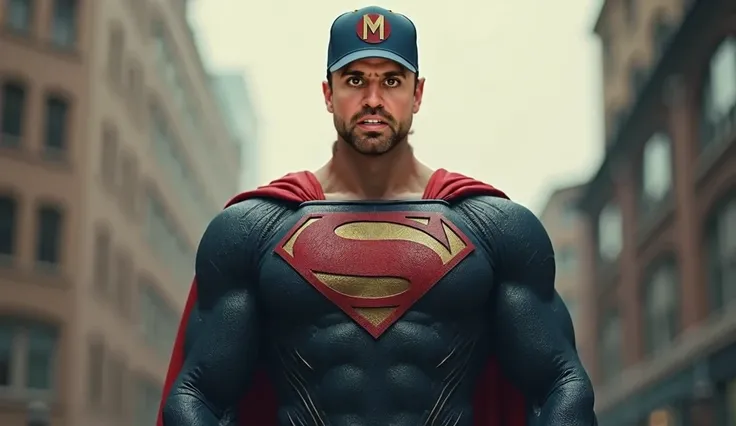 superman style hero, with a cap, the cap has the letter M written on the front of the cap, on the chest it has the letters S M written, he is standing facing forward