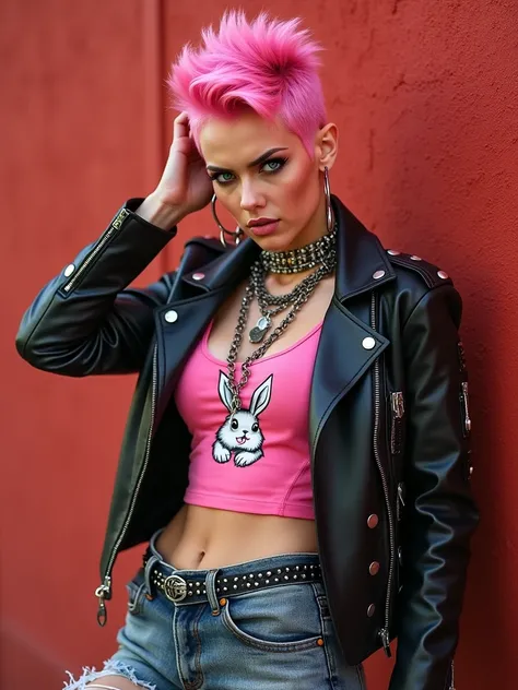 Best image quality,(Highest quality:1.1),(Very detailed:1.1), Cowboy Shot, (One Woman, Women in punk fashion, Pink spiky hair, Other shaving, Sharp Eye, Sparkling Blue Eyes, Glaring expression), (A black leather jacket with lots of studs, Short pink tank t...