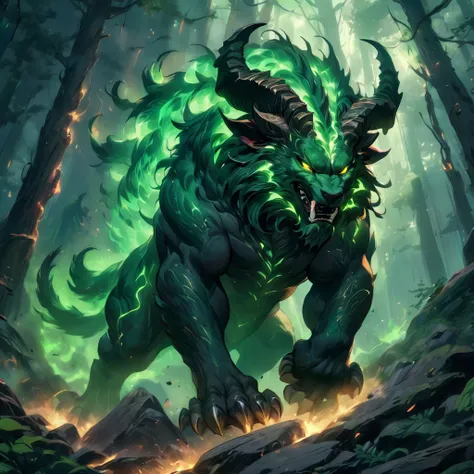 majestic beast; roaring; fearsome expression, large curved horns, dark brown fur, muscular build, crouching pose, eyes closed, open jaws with sharp fangs, turbulent energy, swirling light particles, dark green forest background, dynamic light, illuminated ...