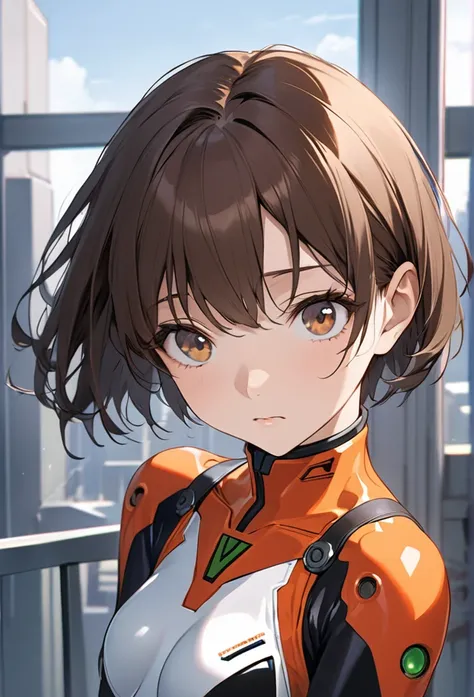 Upper body close-up（((masterpiece), on)"Female version of Shinji Ikari, introverted and thoughtful, with short brown hair, wearing the Evangelion pilot suit. The background is the Geofront battle area. Slightly anxious expression, but eyes show a strong wi...