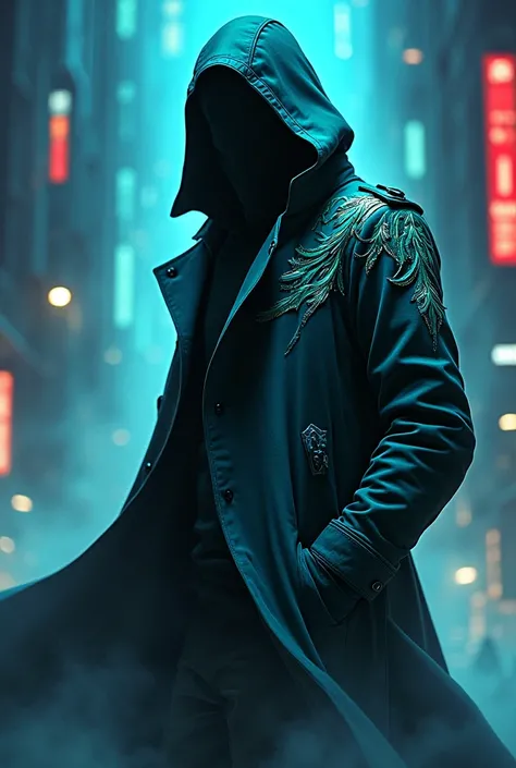 Enough in the aspect of Shadow from The eminence in the shadow. That this is in a gamer background, The golden designs on his trench coat are bright blue-green. It has to look like an anime image. 