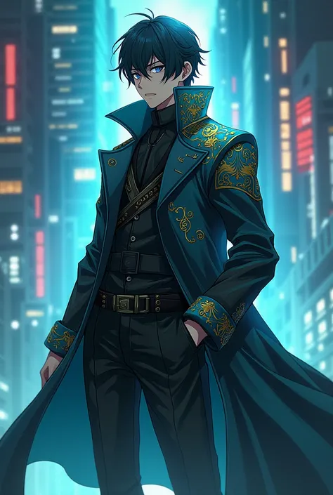 Enough in the aspect of Shadow from The eminence in the shadow. That this is in a gamer background, The golden designs on his trench coat are bright blue-green. The image has to be anime. 