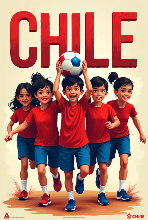 Create a giant poster for school olympics with boys and girls wearing red shirts and electric blue shorts carrying a ball with the name Chile in the background., that is creative and colorful