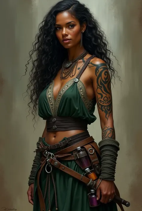 Beautiful black skinned woman with long curly hair, wears medieval clothing in dark green colors, black and earth tones. Has a tattoo of tribal stripes and fire symbols, the tattoo goes from the right shoulder to the fingertips of the right hand. On the ri...