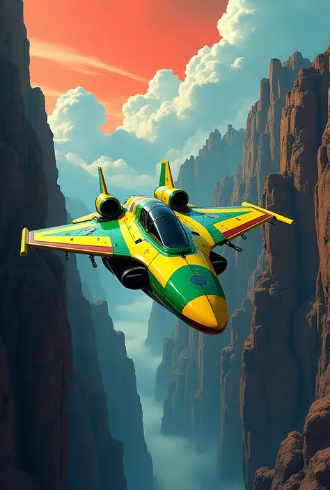 Space Fighter Fighter, Green and yellow with the design of the Brazilian flag, over a rocky ravine, reddish sky with blue clouds Cinematic lighting, pop art, 