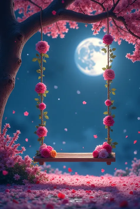 A serene night scene features a swing adorned with alag alag prakar ke roses hanging from a tree. The background is filled with vibrant pink blossoms and a large, luminous moon in a starry sky. Soft, glowing lights illuminate a circular bed of petals on th...