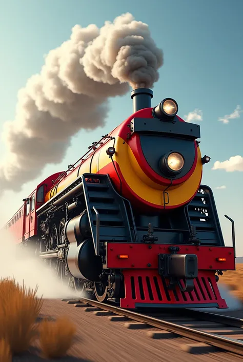 A red, black and yellow train, fast and furious with smoke.