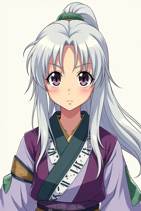 a close up of a person a girl with white hair , long ponytail bangs samurai feminino, a tournament suit robe body suit and sandals purple and white and green kung Fu character design sheet anime 80s
