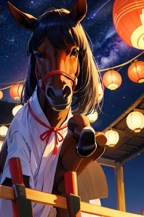 Horse wearing a yukata for Tanabata　A thoroughbred wearing a yukata for Tanabata　A horse walking on two legs and wearing a yukata　Tanabata Festival　The Milky Way shines in the night sky　Horse Wishing on a Shooting Star　Horse-focused　Horse face close-up　The...