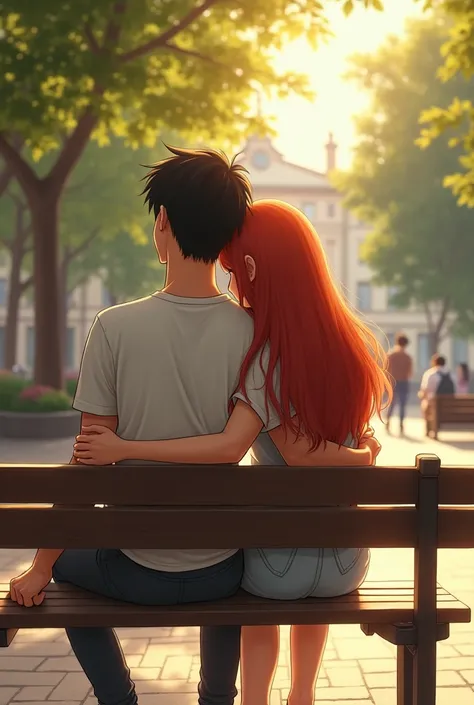 a 20-year-old redheaded woman with long hair sitting on a backless bench in a beautiful square with her back leaning against the chest of a 2 boy, 1.85 m tall, 100 kg with hair up to his ears in a beautiful square in the afternoon. the boy is hugging the g...